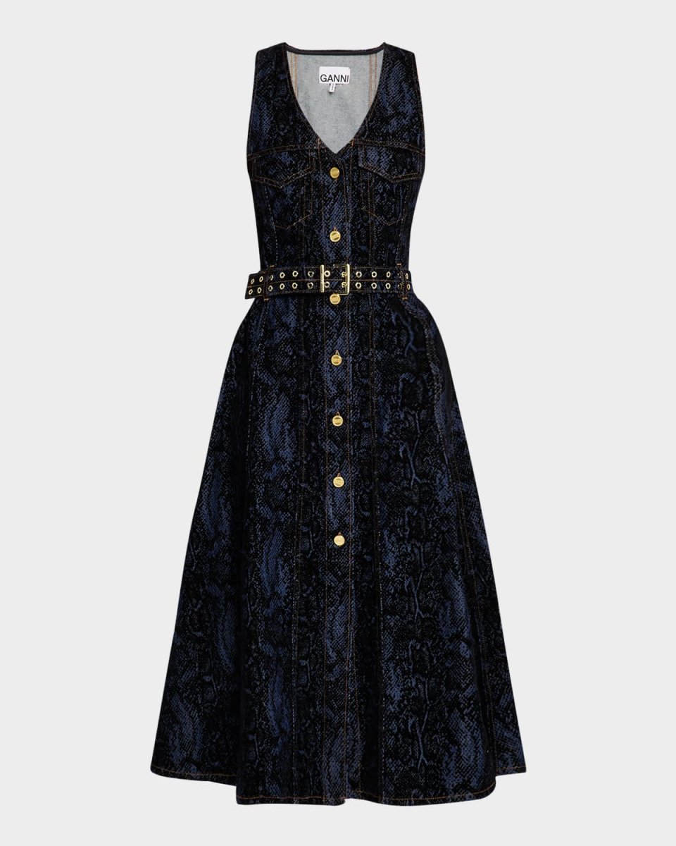 Belted Denim Snakeskin Midi Dress